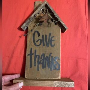 New Give Thanks Primitive Rustic Wood House on Base, Mustard